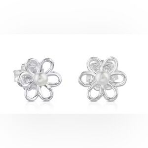 Silver and Pearls Maggie Earrings with Flower Motif